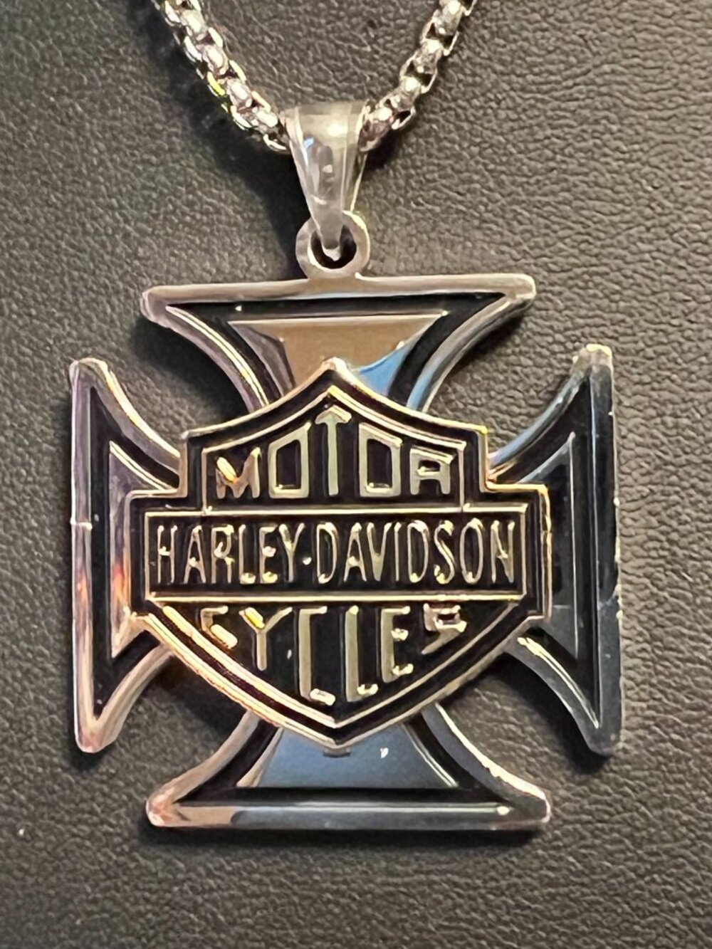 Harley Motorcycle 2-Tone Stainless Steel Iron Cross Pendant Necklace (483)